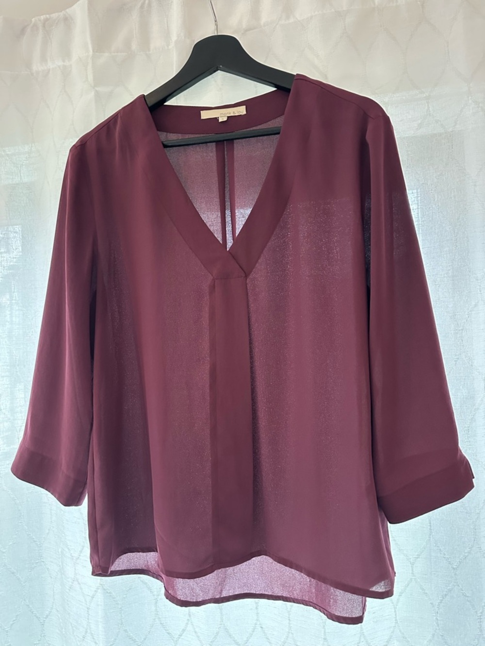 Womens Deep Burgundy V-Neck Semi-Sheer Blouse